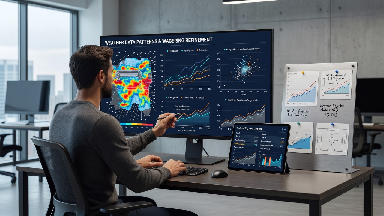 Analyst reviewing weather charts and football statistics on dual monitors with graphs of temperature and goal correlations