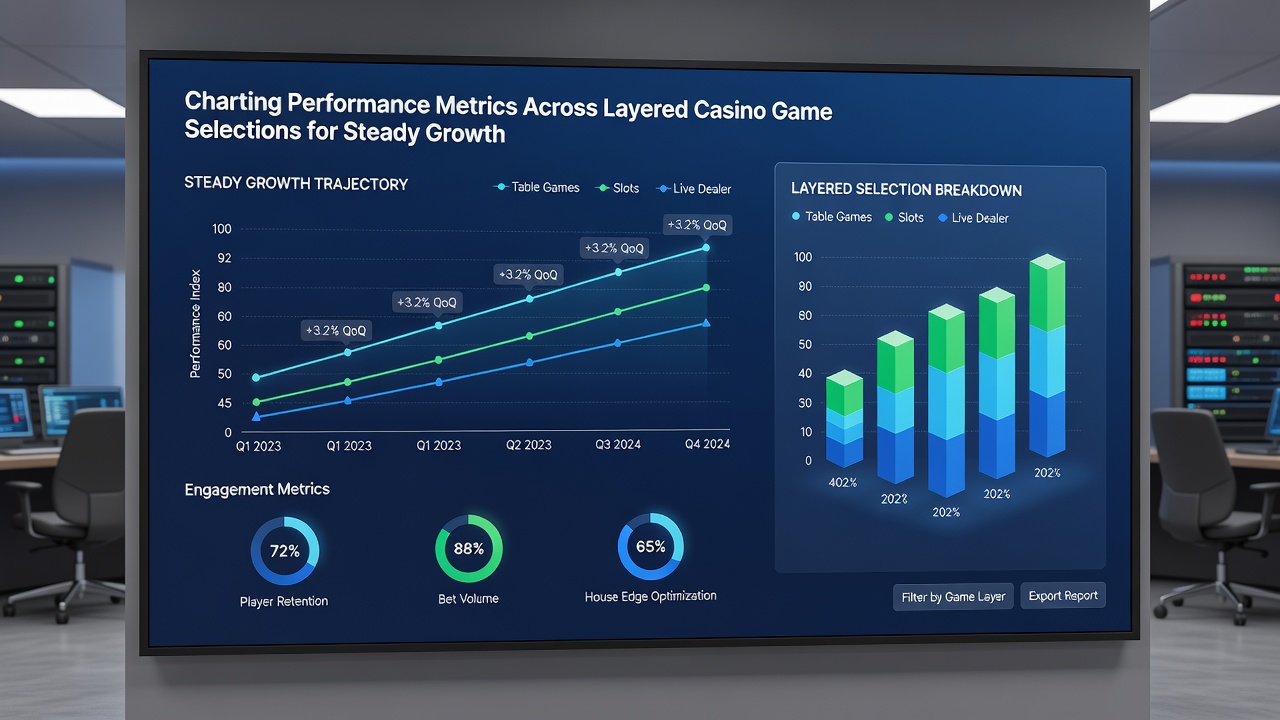 Team reviewing casino game tier performance reports on multiple screens
