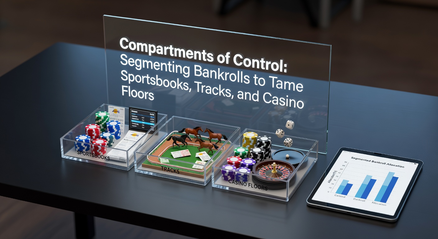 Visual representation of divided bankroll compartments, showing sportsbooks, racetracks, and casino sections separated by barriers for risk control