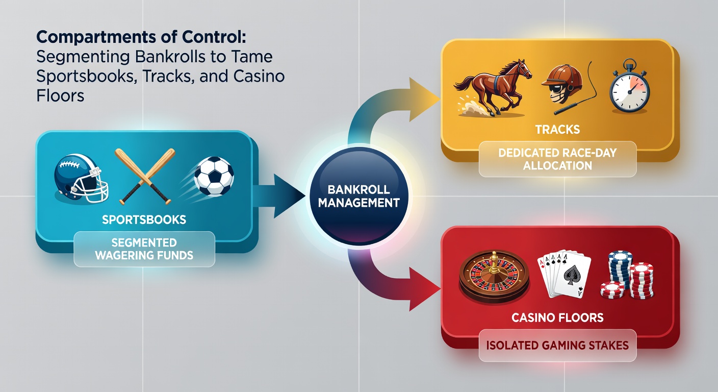 Chart depicting bankroll allocation pie divided into sportsbooks, horse tracks, and casino segments with percentage breakdowns and variance indicators