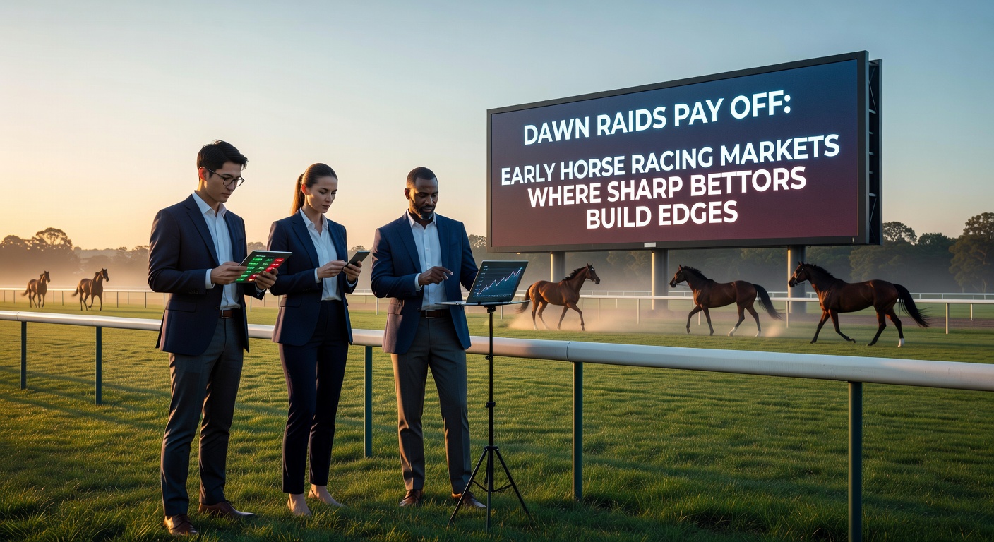 A dimly lit betting exchange screen at dawn, showing early horse racing odds shifting as sharp bets roll in