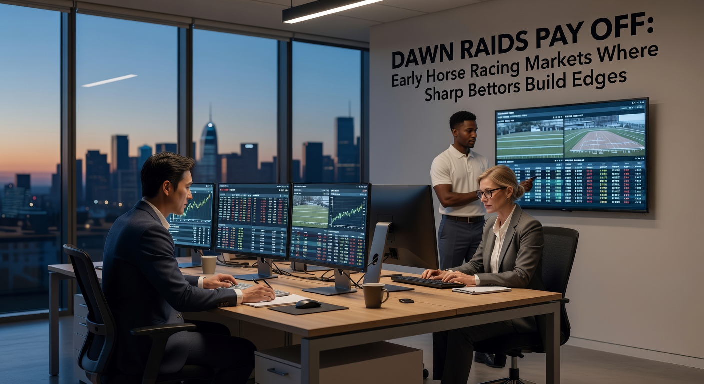 Horse racing track at sunrise with bettors monitoring screens in the background, odds boards glowing