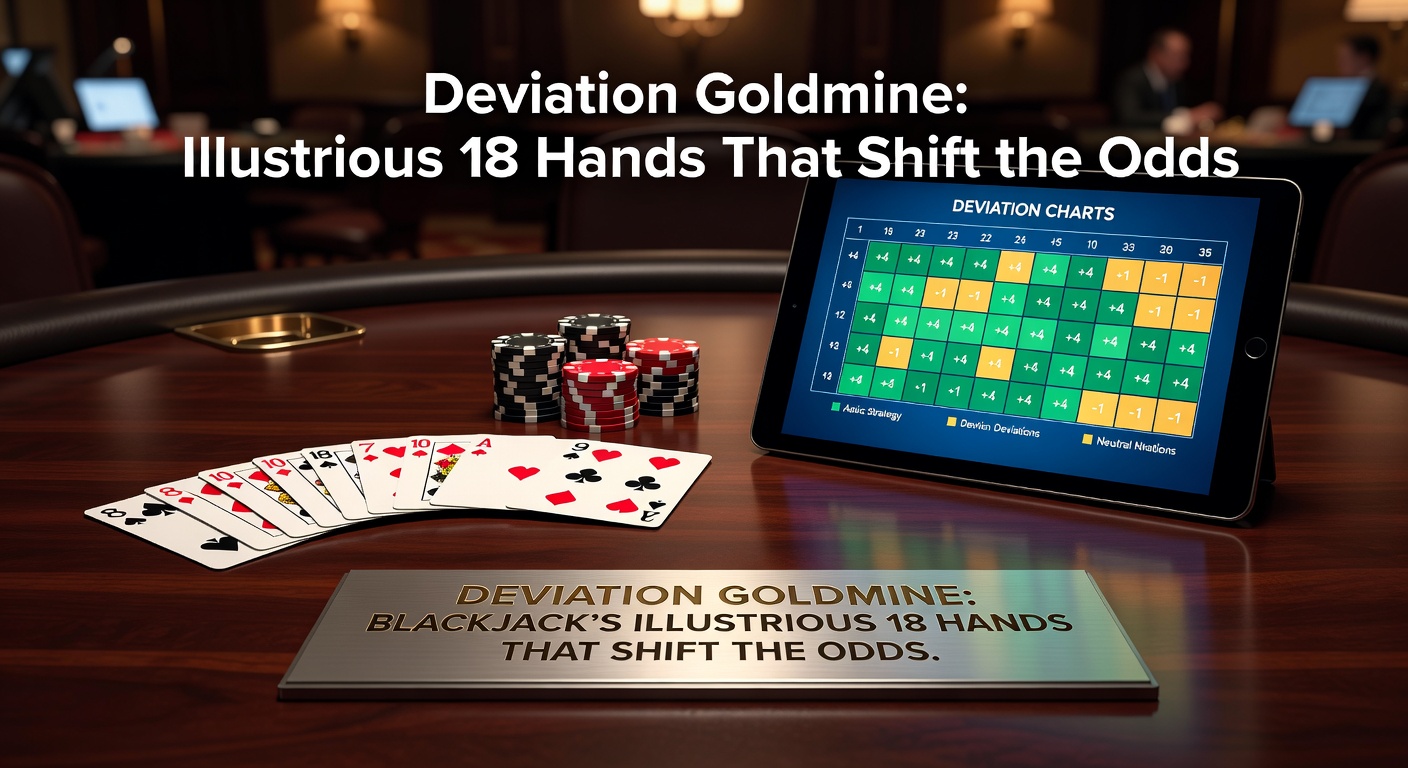 A close-up of a blackjack table with cards showing key deviation hands like insurance and 16 vs 10, highlighting strategic plays amid chips and dealers