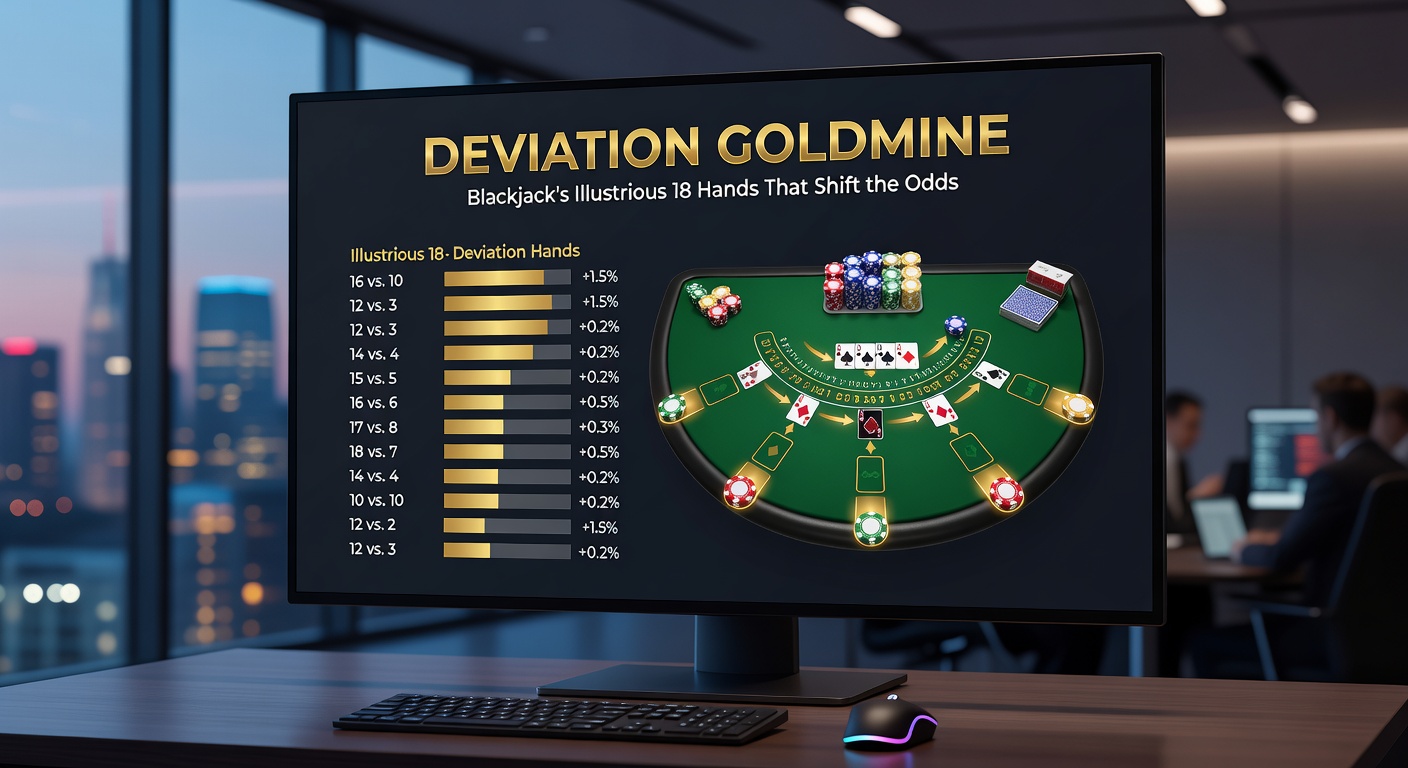Illustration of the Illustrious 18 chart on a blackjack strategy card, with highlighted hands like 15v10 and insurance marked by true count indices, surrounded by casino chips and ace cards