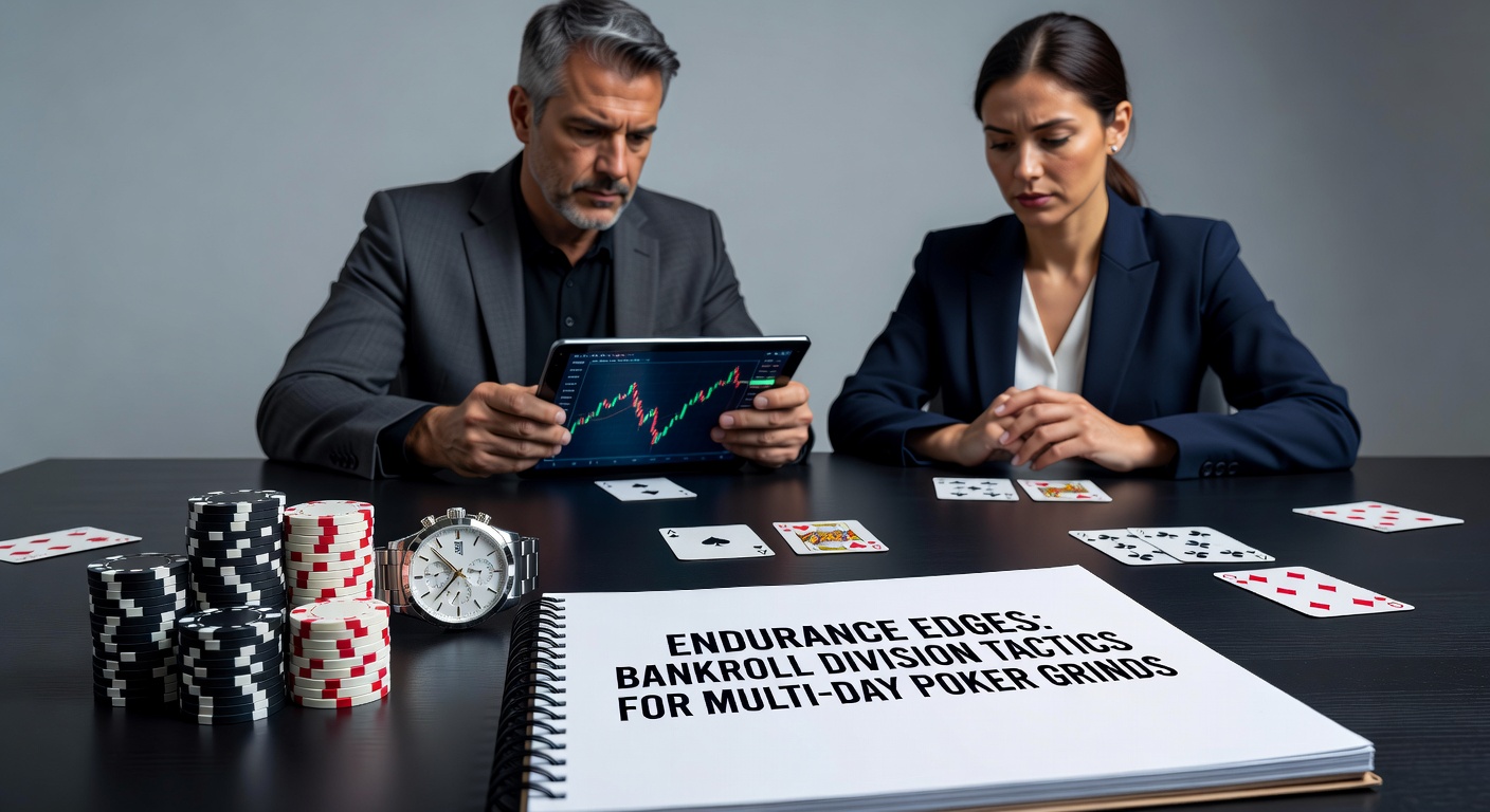 Poker player at a multi-day tournament grind, managing chips and notes amid intense sessions