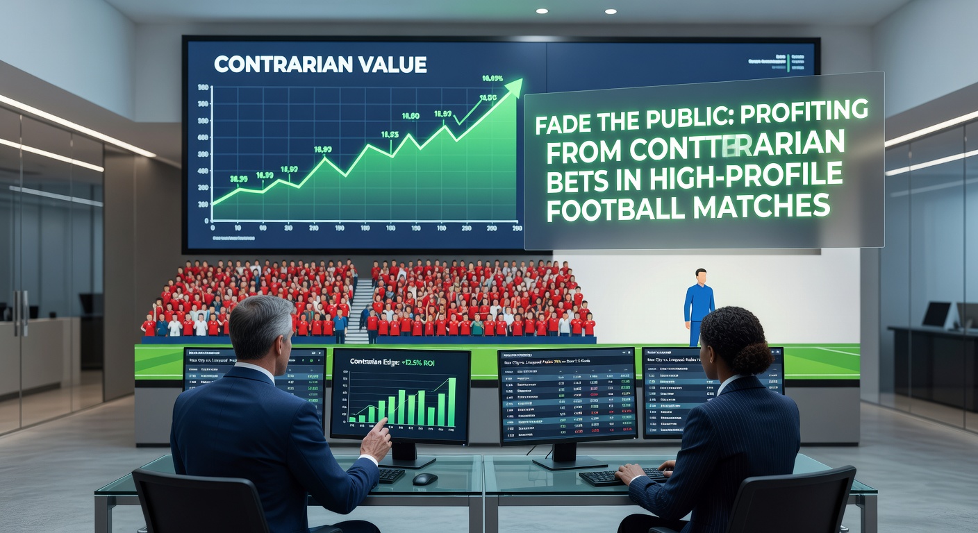 A packed stadium during a high-stakes soccer match, with fans waving flags and odds boards showing lopsided public betting