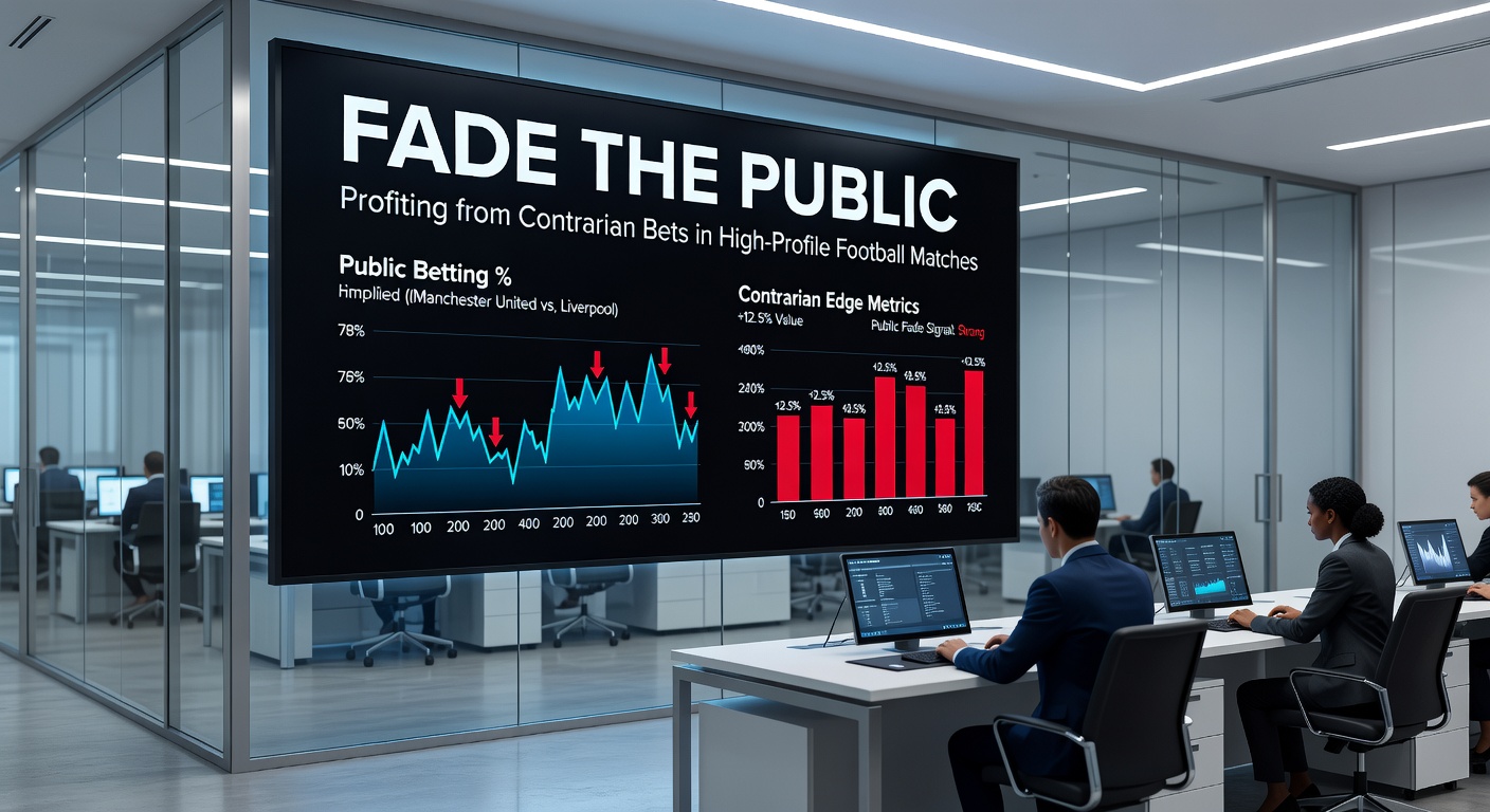 Betting charts displaying public percentages heavily skewed toward favorites in a major soccer derby, contrasted with sharp money flows