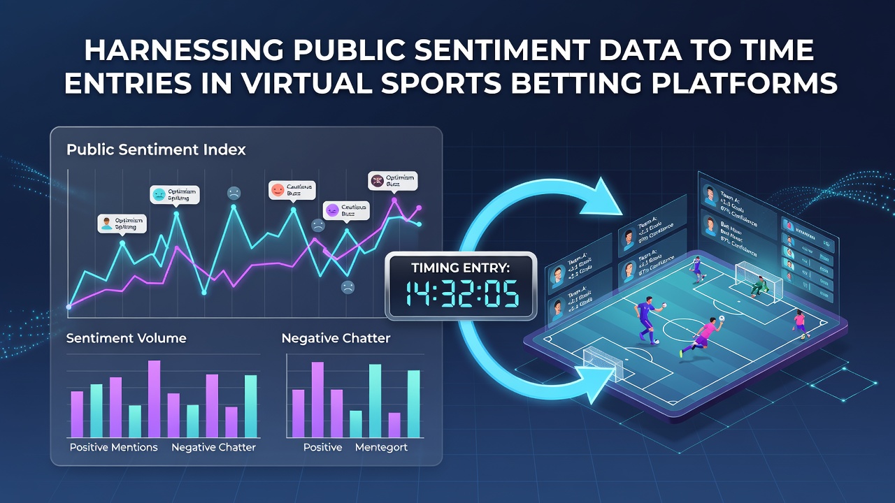 Visualization of public sentiment data streams feeding into virtual sports betting platforms with charts and social media icons