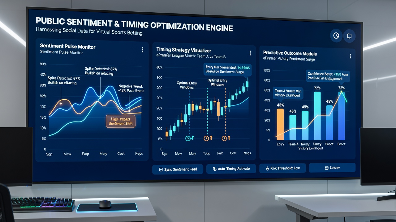 Dashboard screenshot showing sentiment scores overlaid on virtual sports betting odds with live data streams