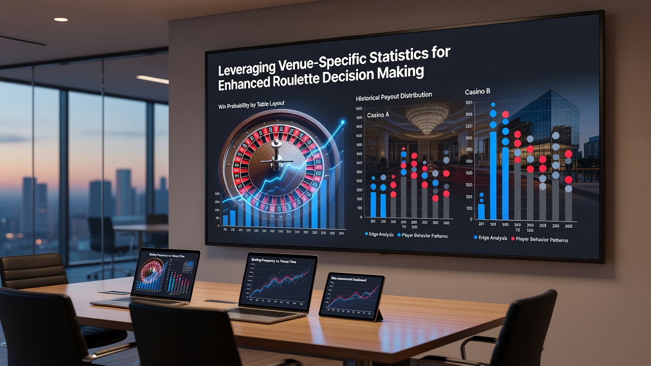 Casino floor with multiple roulette tables and data charts illustrating venue performance metrics