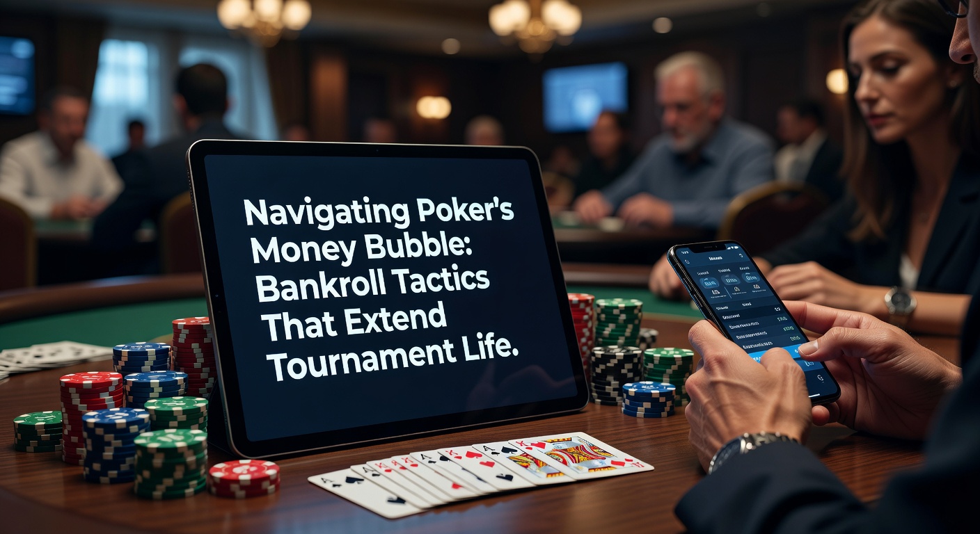Poker players at a tournament table during the tense money bubble phase, stacks varying in height amid focused expressions