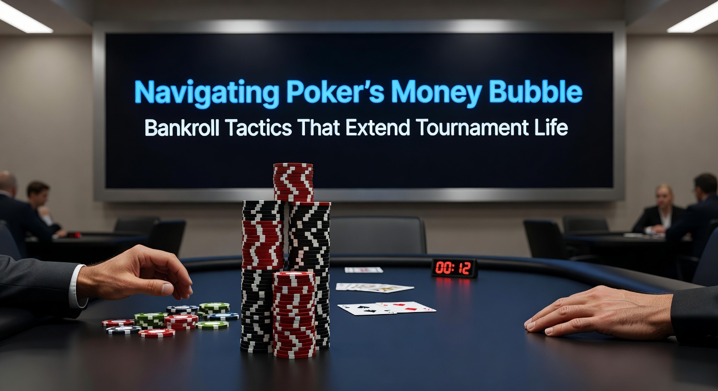Close-up of poker chips and cards on a felt table, illustrating stack management during high-pressure bubble decisions