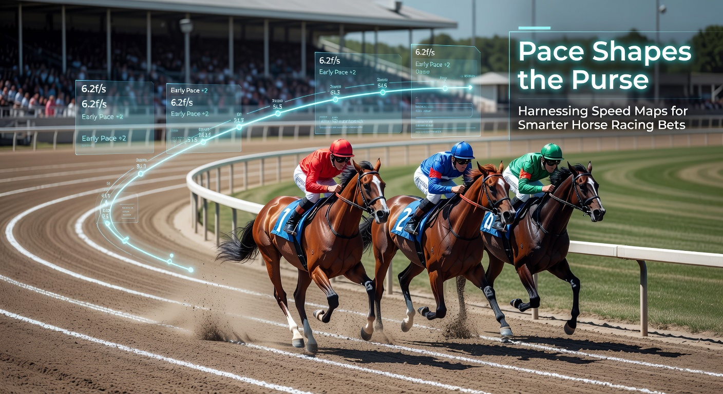 A colorful speed map overlay on a horse racing track diagram, highlighting early speed horses in red and closers in blue