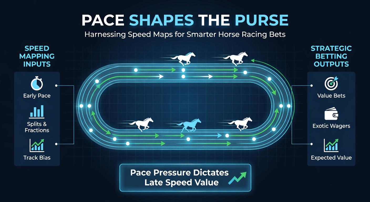 Close-up of a detailed speed map for a 10-horse field, with arrows indicating projected positions and pace ratings listed beside each runner