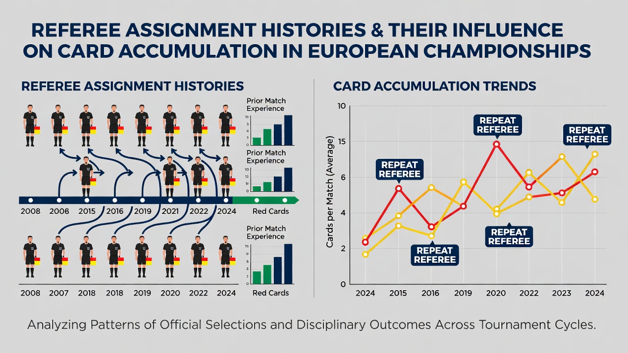 Officials discussing referee assignments ahead of a European Championship match with historical data charts visible