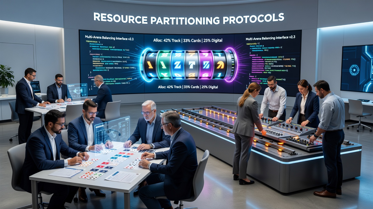 Illustration of resource allocation across poker tables, horse racing tracks, and digital slot reels
