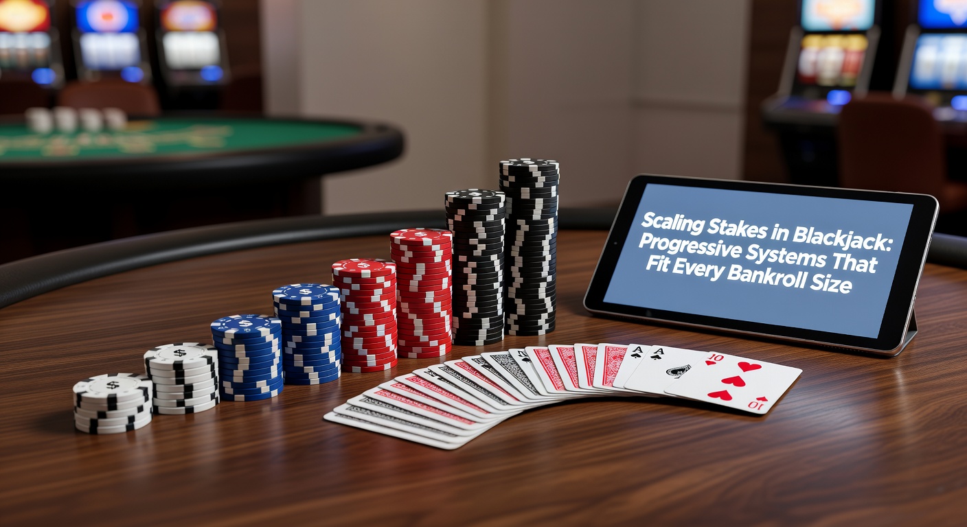 Blackjack table setup with stacks of colorful chips representing various stake sizes, illustrating progressive betting progression