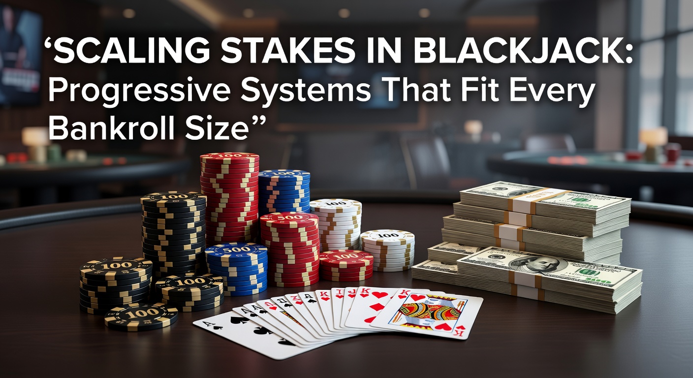 Close-up of a player's hand placing progressive bet chips on a blackjack layout, showing escalation from small to larger stacks