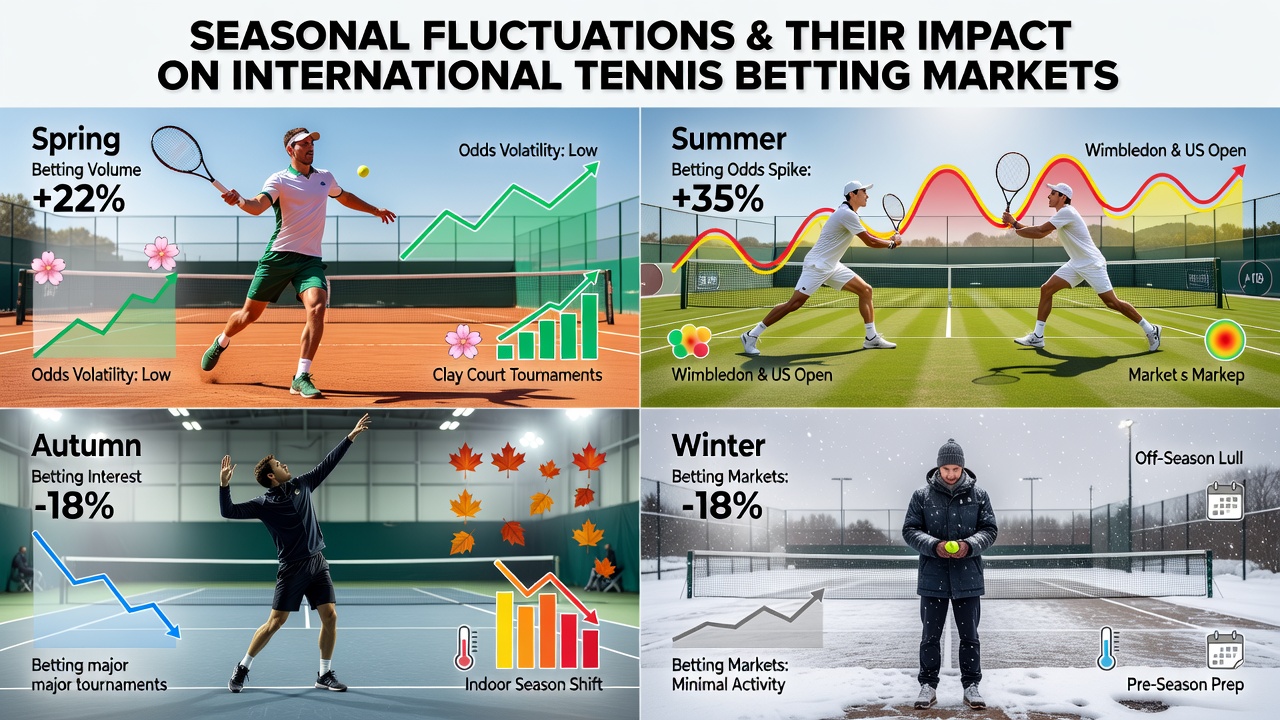 Tennis court during different seasons showing clay and grass surfaces with betting market graphs overlaid