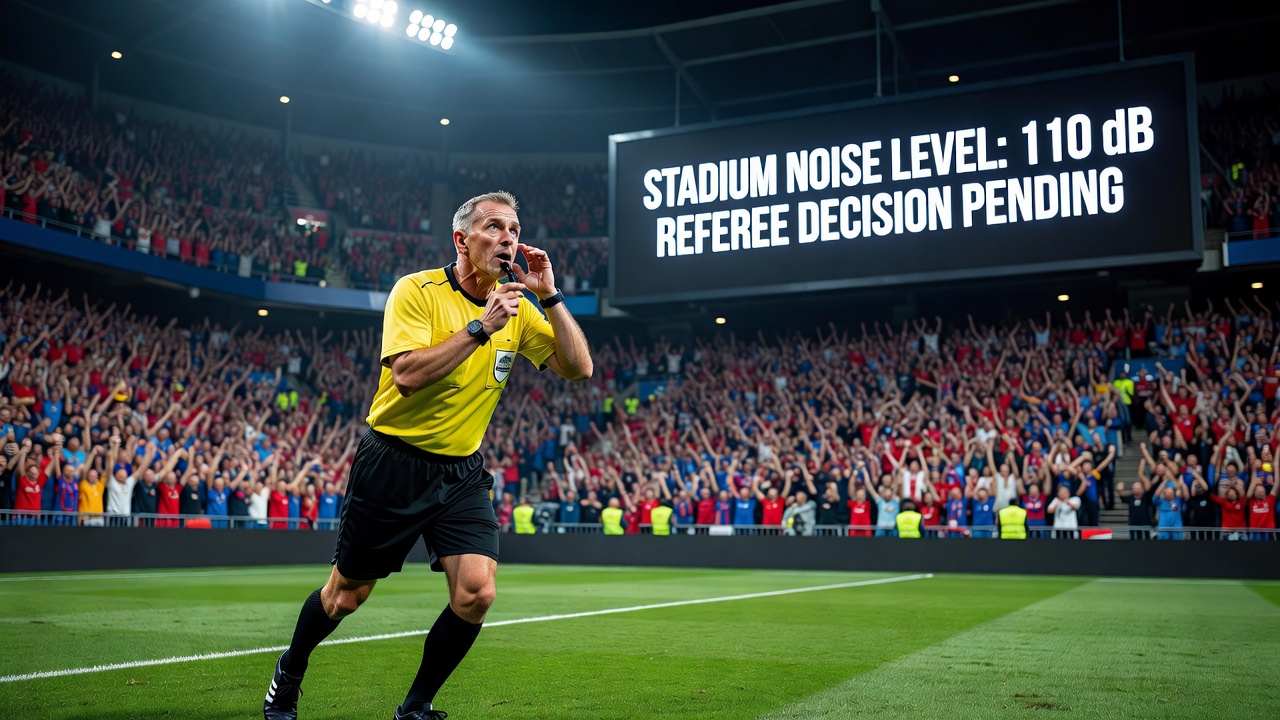 Referee signaling during a soccer match with visible crowd in background