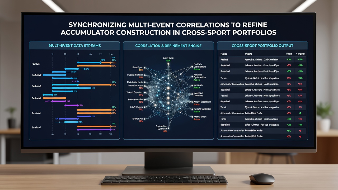 Dashboard interface showing synchronized event timelines and correlation heat maps for cross-sport betting portfolios