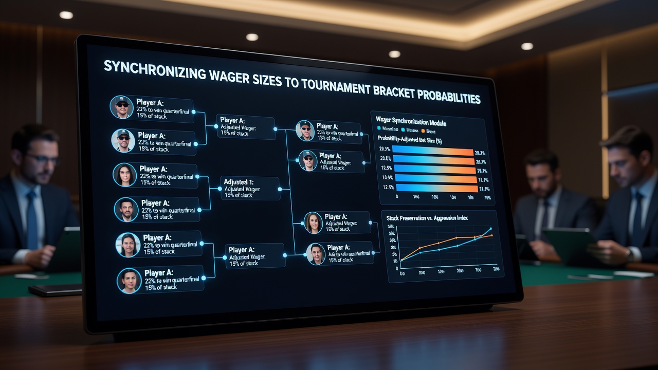 Close-up of poker chips and tournament bracket display screen showing advancement odds