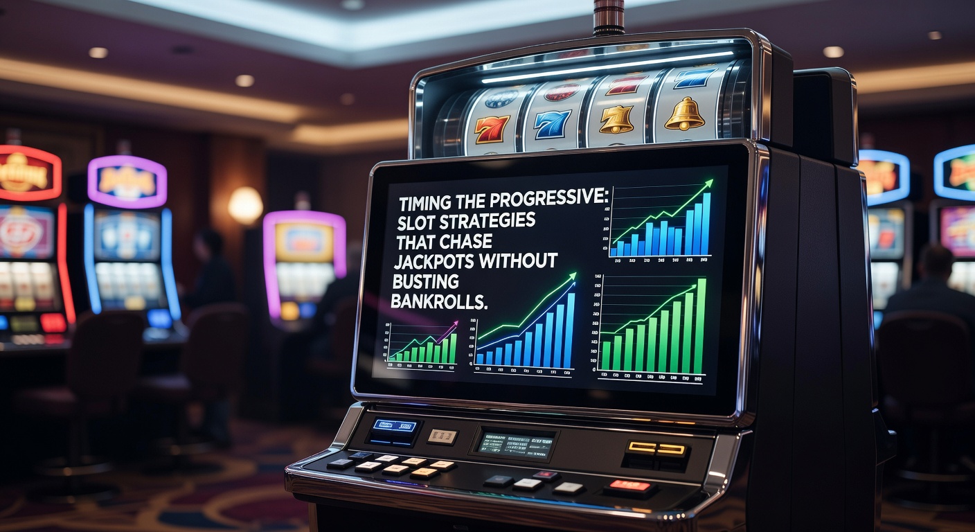 Vibrant progressive slot machine displaying a growing jackpot meter under casino lights, symbolizing the chase for big wins
