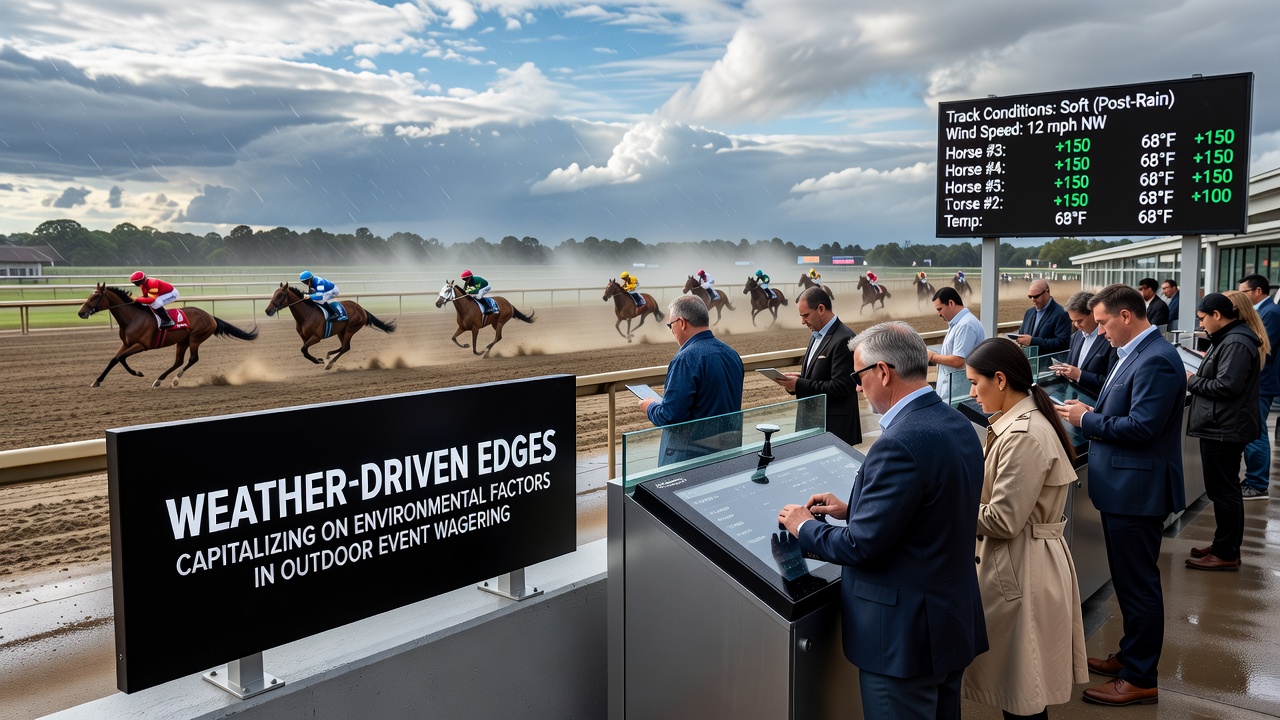 Bettor reviewing weather data and statistics on a tablet at an outdoor event venue